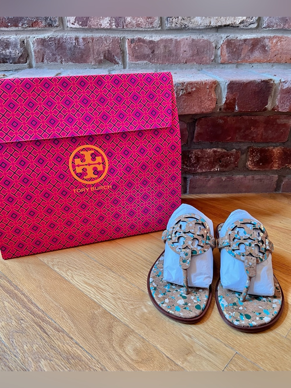 Tory Burch Blue Confetti Miller Welt Cork Sandals - Picture 2 of 12